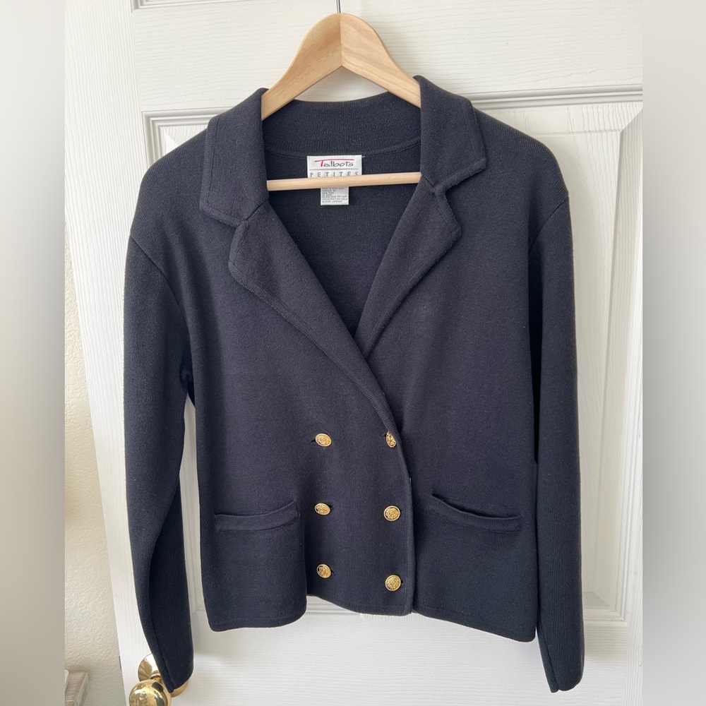 Talbots Petites M Knit Black Blazer Double Breasted Gold Buttons Cotton